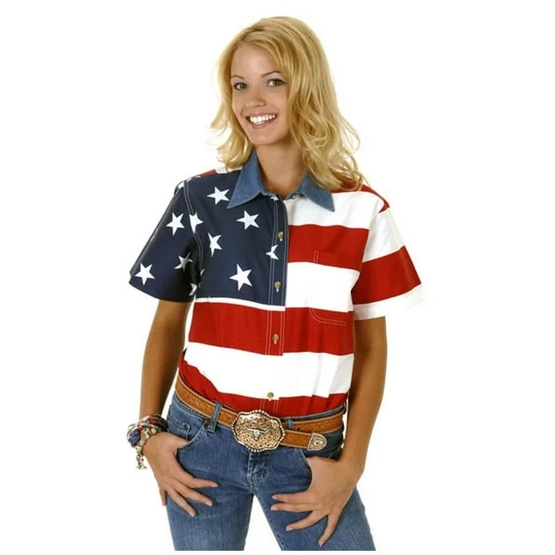 Roper Western Shirt Womens S/S USA Flag Button Red 03-051-0185-0101 RE Compression