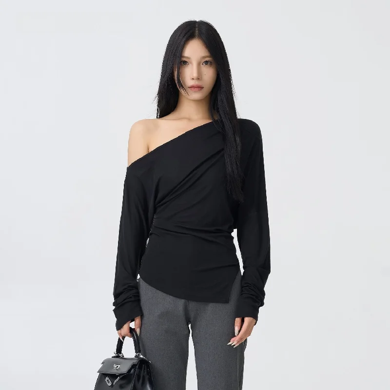 Off-Shoulder Folded Long Sleeve Top Cool Women's Distressed