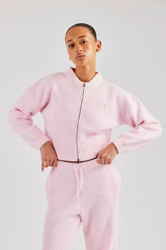 Knitted Zip Front Bomber - Baby Pink Traditional Women's Wool
