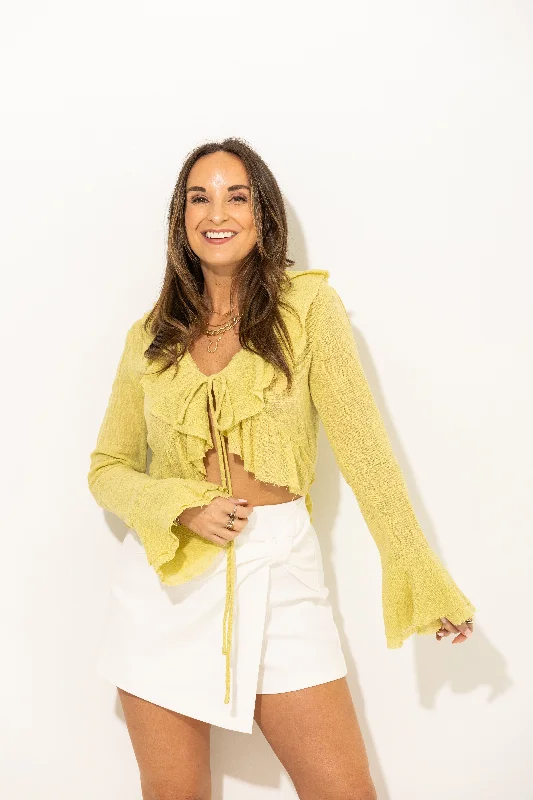 Second Thoughts Linen Ruffle Top: Lime Bold Women's Statement