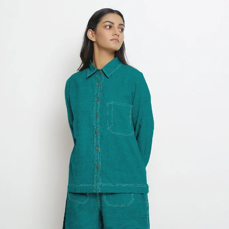 Pine Green Cotton Linen Full Sleeve Button-Down Shirt Women