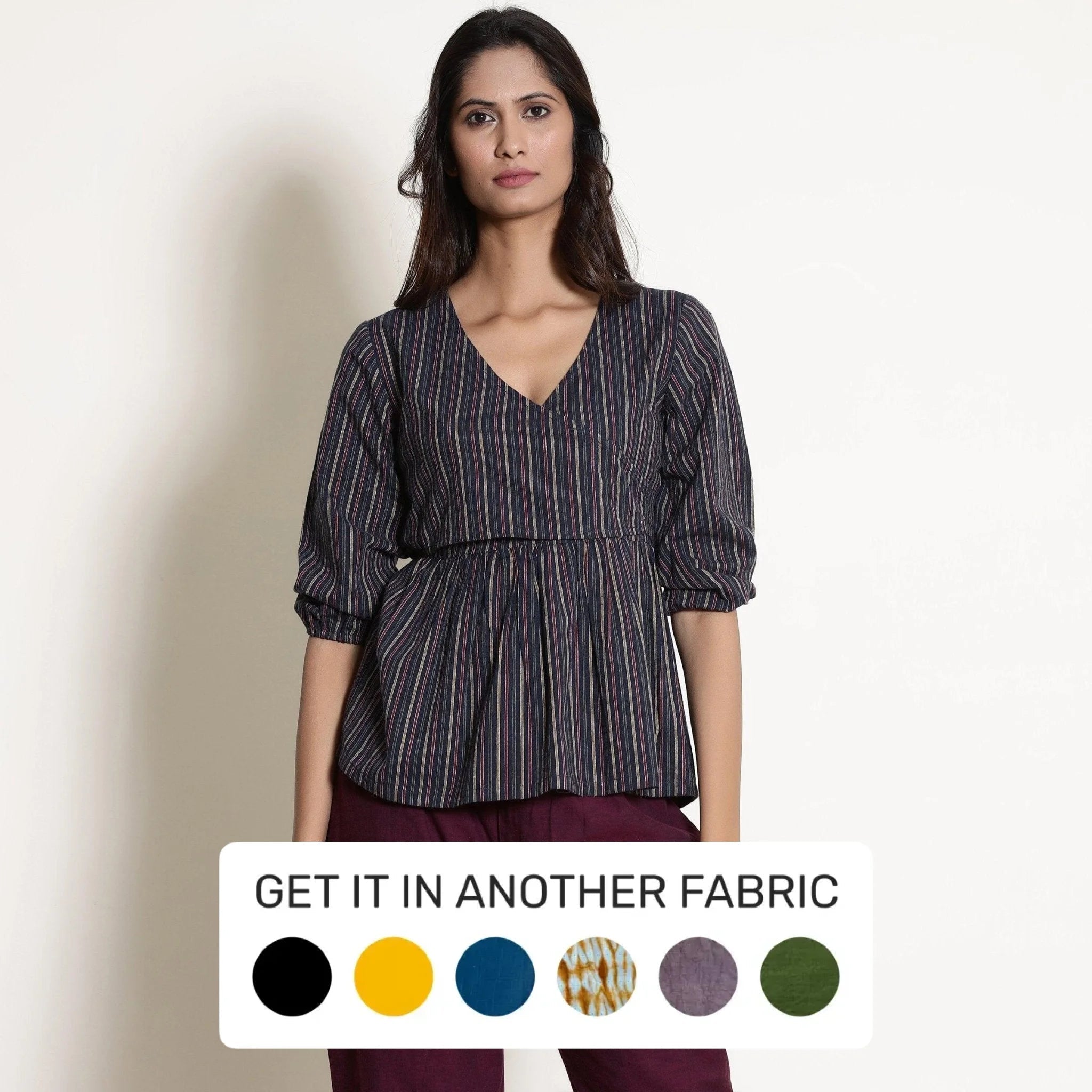 Navy Blue Striped Cotton Back Tie Up Wrap Top Business