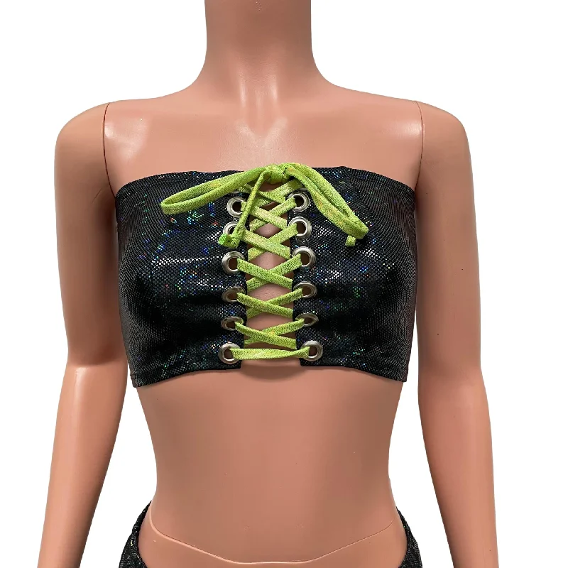 Black Holographic Shattered Glass Lace-up Tube Top Bandeau Artistic Women's Hand - painted Black Holographic Shattered Glass Lace-up Tube Top Bandeau Artistic Women's Hand - painted