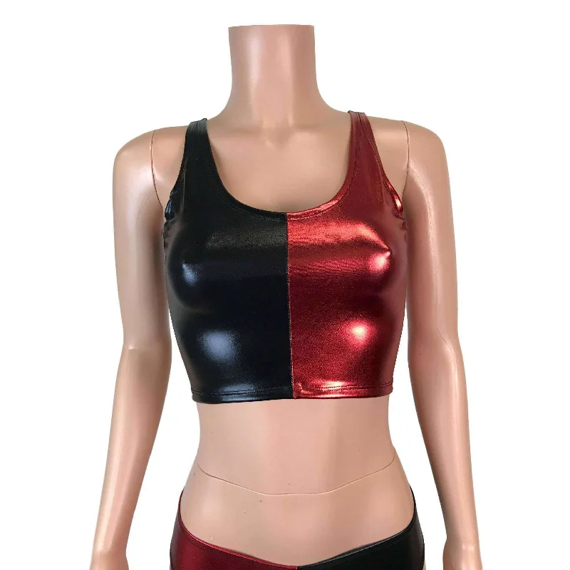 Crop Tank Top - Harley Quinn Black/Red Metallic Edgy Women's Punk