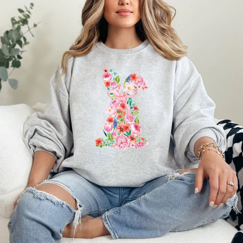 Pink Floral Bunny Graphic Sweatshirt Compression