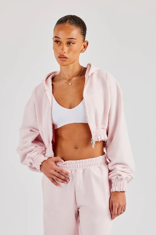 Distressed Applique Cropped Hoodie - Baby Pink Vacation