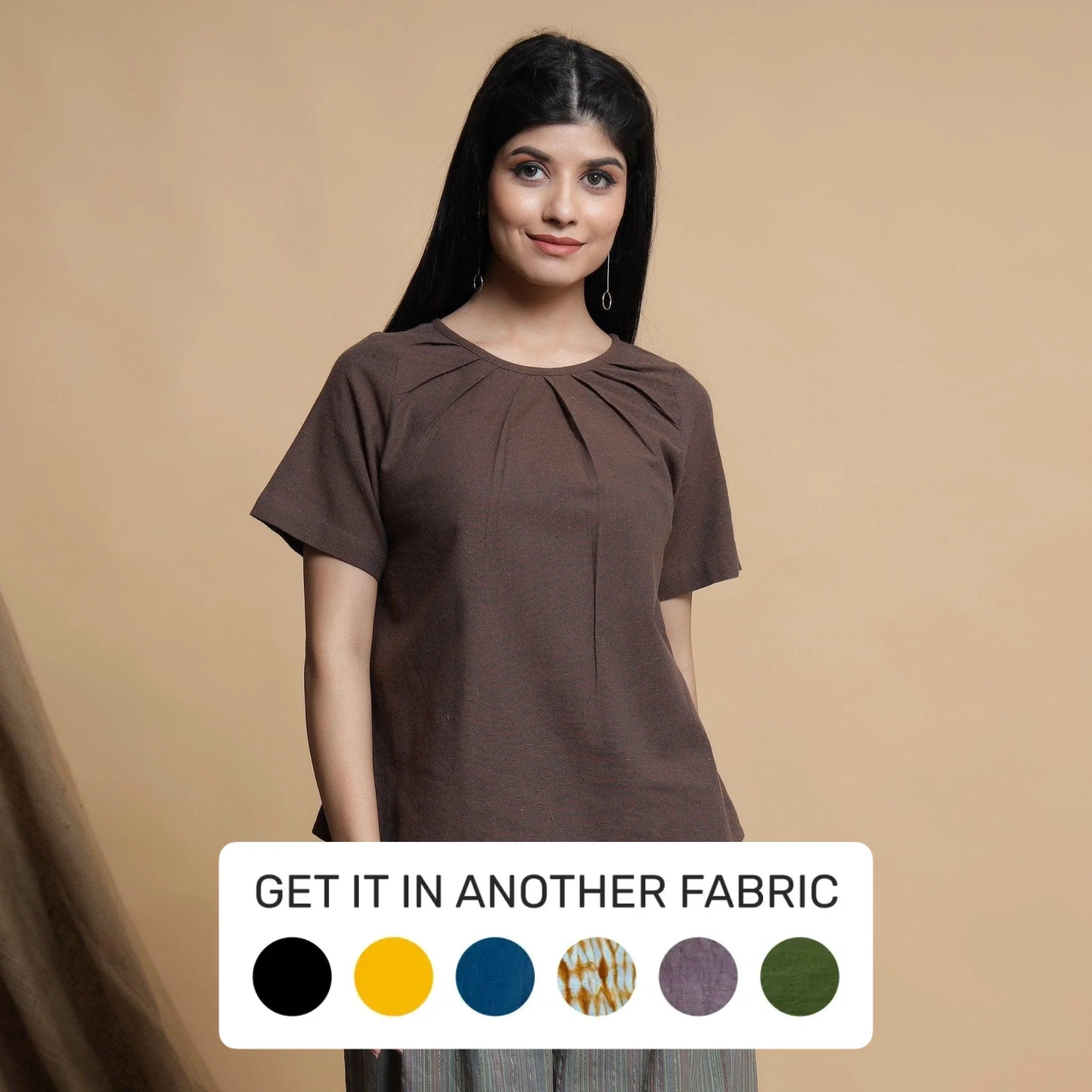 Brown Yarn Dyed Cotton Pleated A-Line Top Bold Women's Statement