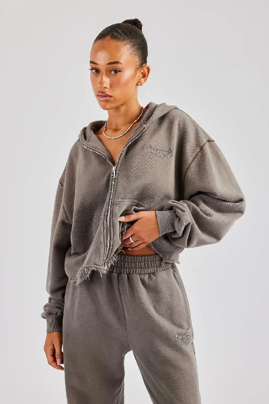 Washed Boxy Fit Zip Through Hoodie - Grey Youthful Women's Pop