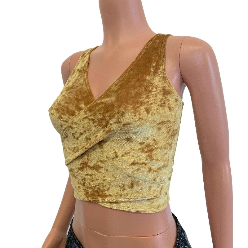 Crop Wrap Top - Gold Crushed Velvet - Choose Sleeve Length Feminine Women's Soft 