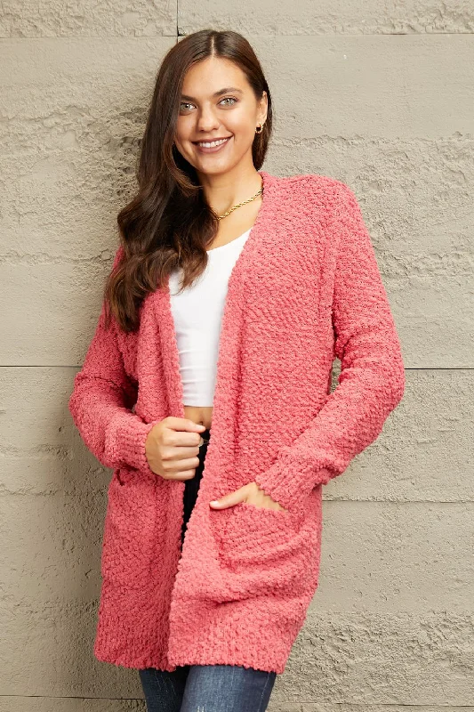 Falling For You Open Front Popcorn Cardigan Stylish Women's Neon