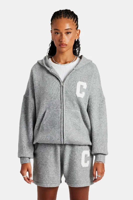 Hooded Zip Through Knitted Jumper - Grey performance