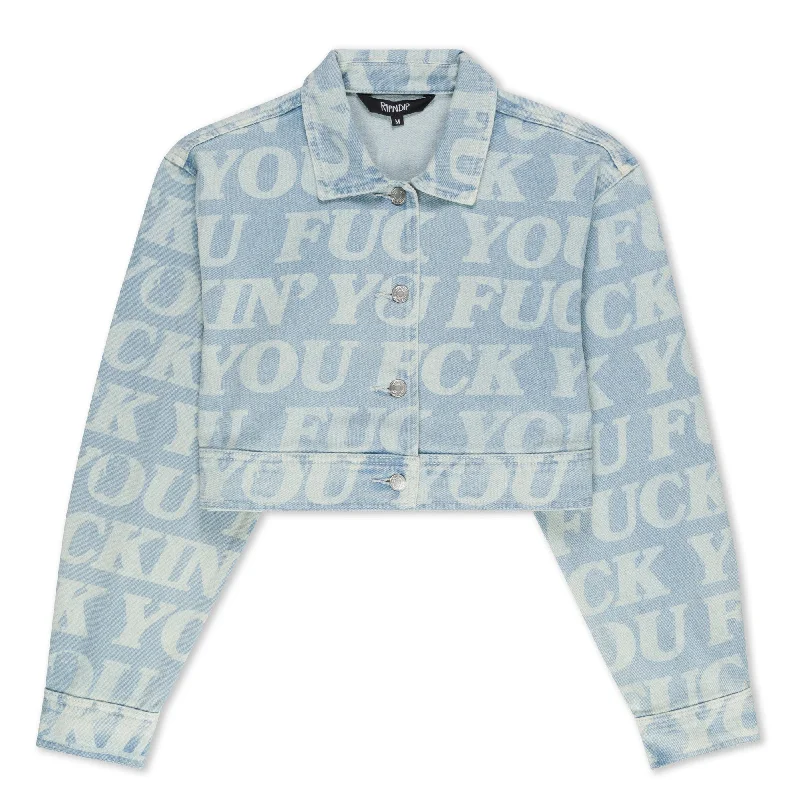 Fuckin Fuck Cropped Denim Jacket (Light Wash) Trendy Women's Oversized