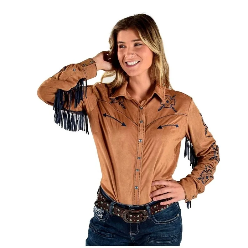 Cowgirl Tuff Western Shirt Womens Fringe Button L/S Tan F00516 Geometric