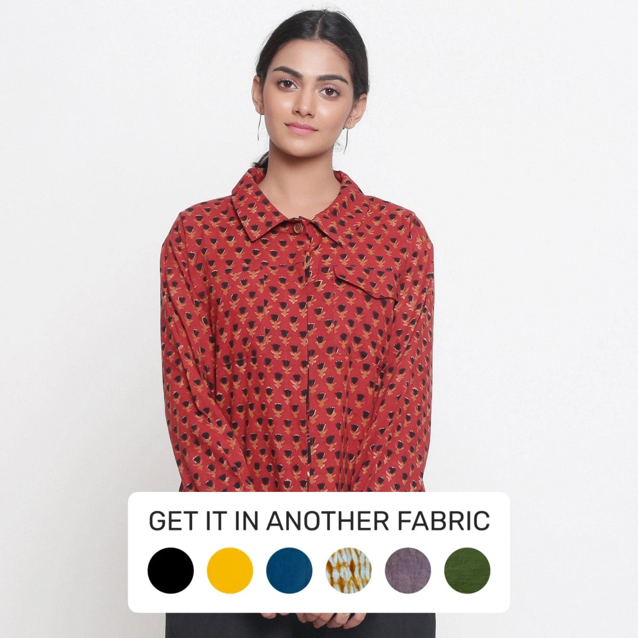 Brick Red Bagru Block Print Cotton Button-Down Shirt Elegant Women's 