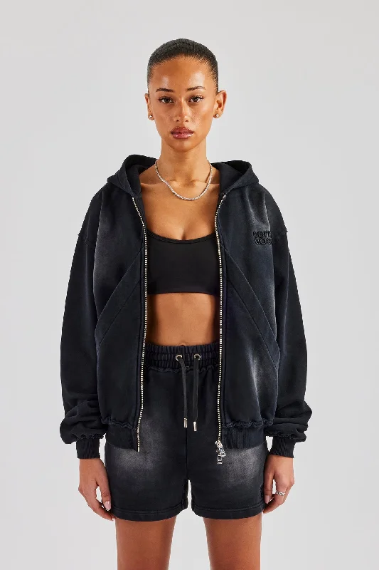 Washed Zip Through Panel Hoodie - Black Modern Women's Tech