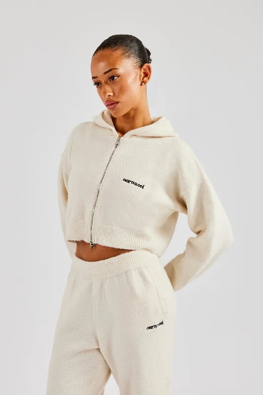 Cropped Knitted Zip Through Hoodie - Ecru Monochromatic All - in - one