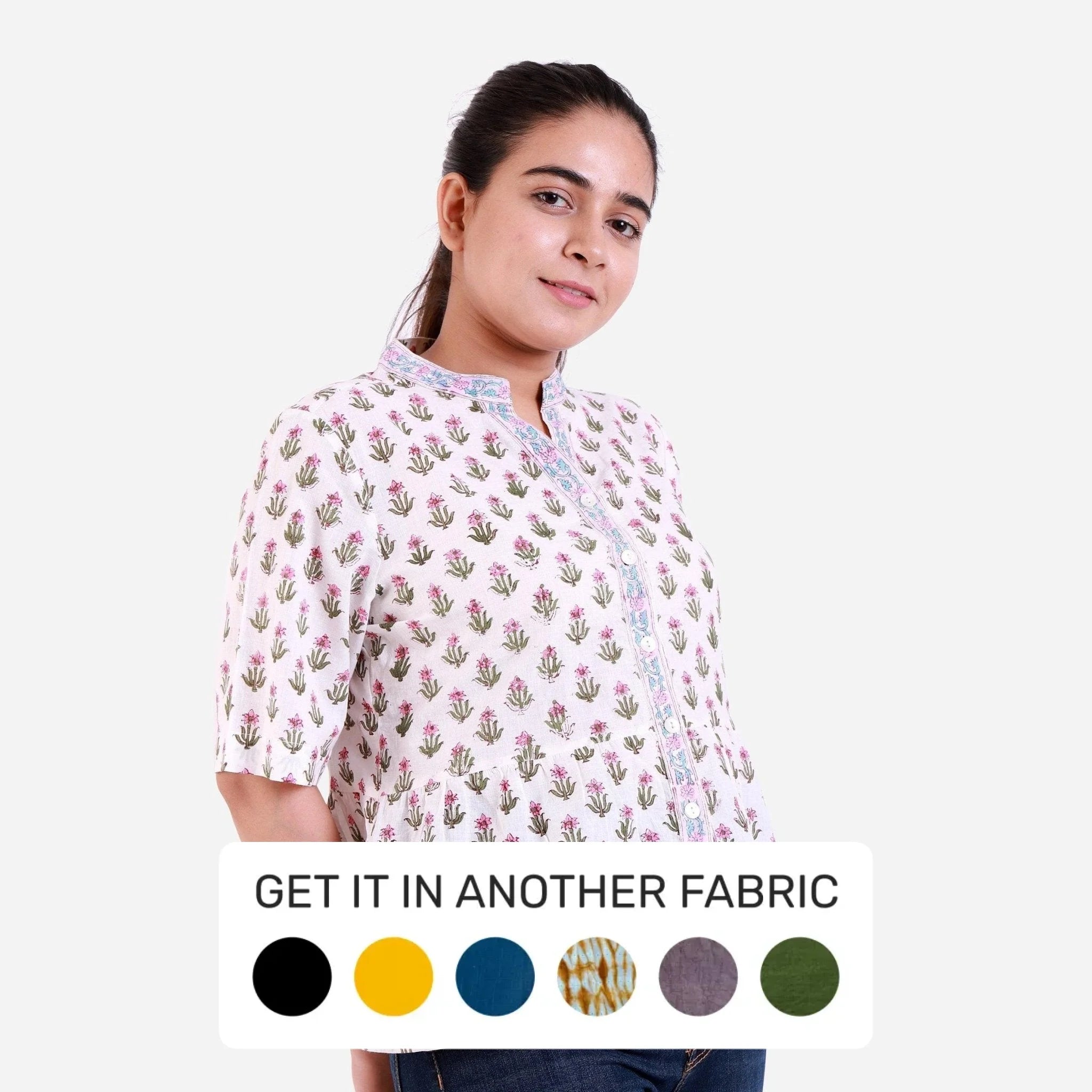 White Block Print Cotton Lace Mandarin Collar Top Refined Women's Velvet