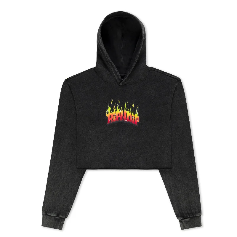 Scary Cute Cropped Hoodie (Black Wash) Practical Women's Quick - dry