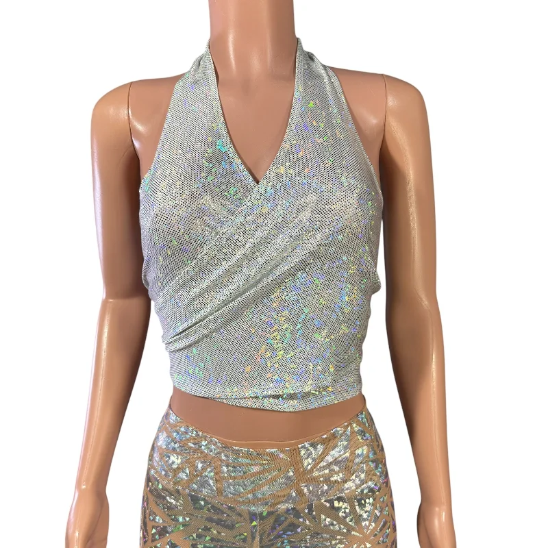SALE - MEDIUM Cropped Halter Wrap Top in Silver on White Shattered Glass Hip Women's Urban SALE - MEDIUM Cropped Halter Wrap Top in Silver on White Shattered Glass Hip Women's Urban