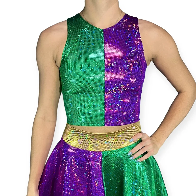 High Neck Crop Tank Top - Mardi Gras Purple & Green Street