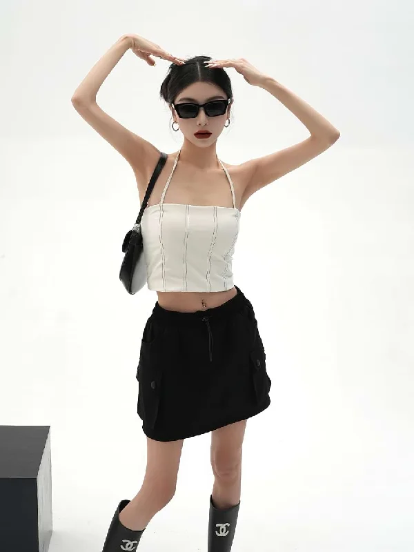 Contrast Stitch Halter Neck Crop Top Edgy Women's Punk