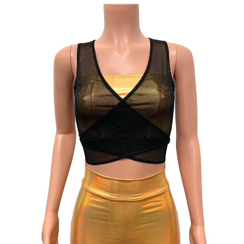 Black Mesh Wrap Top - Rave Tie Top - Choose Sleeve Length Cool Women's Distressed