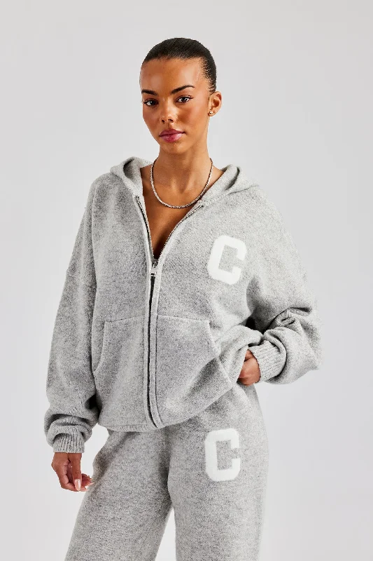 Knitted Zip Through Hoodie - Light Grey Geometric