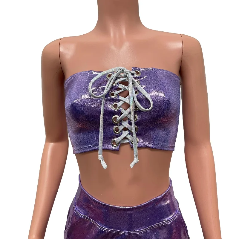 SALE - SMALL ONLY - Lilac Mystique w/ Silver Lace-Up Tube Top Bandeau Sophisticated Women's Tailored