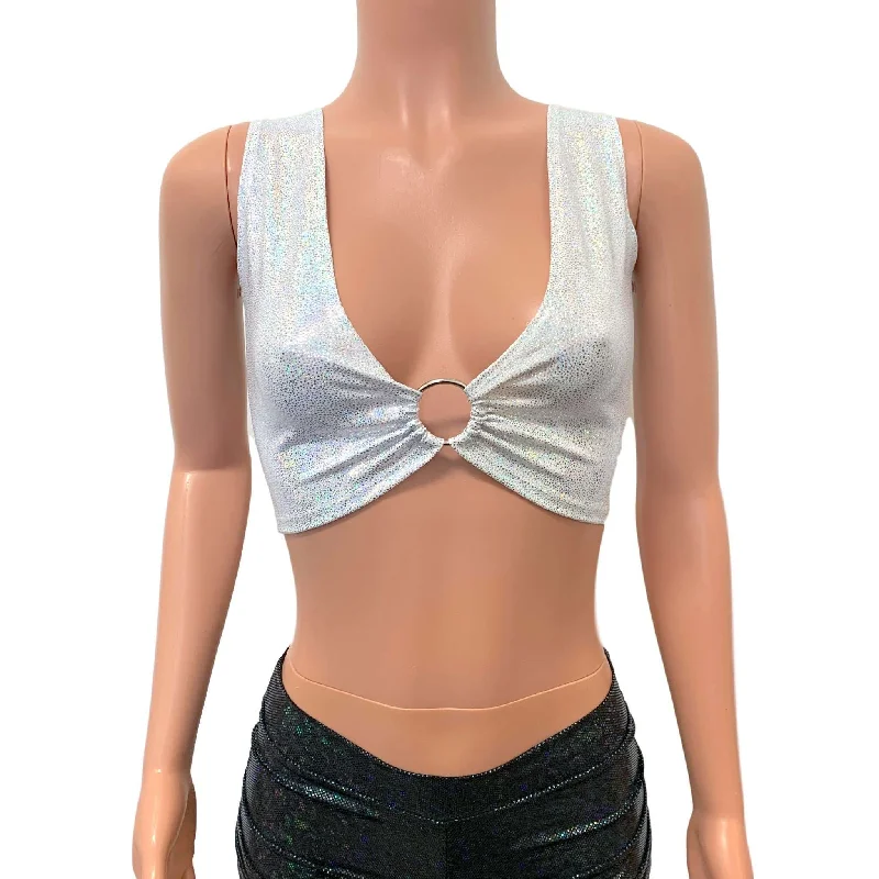 Silver on White Holographic Ring Crop Top Classic Women's Pin - striped