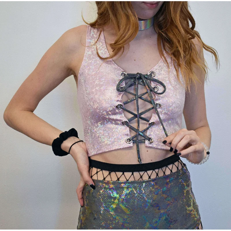 Lace-Up Crop Tank Top - Pink Shattered Glass Holographic Sophisticated Women's 