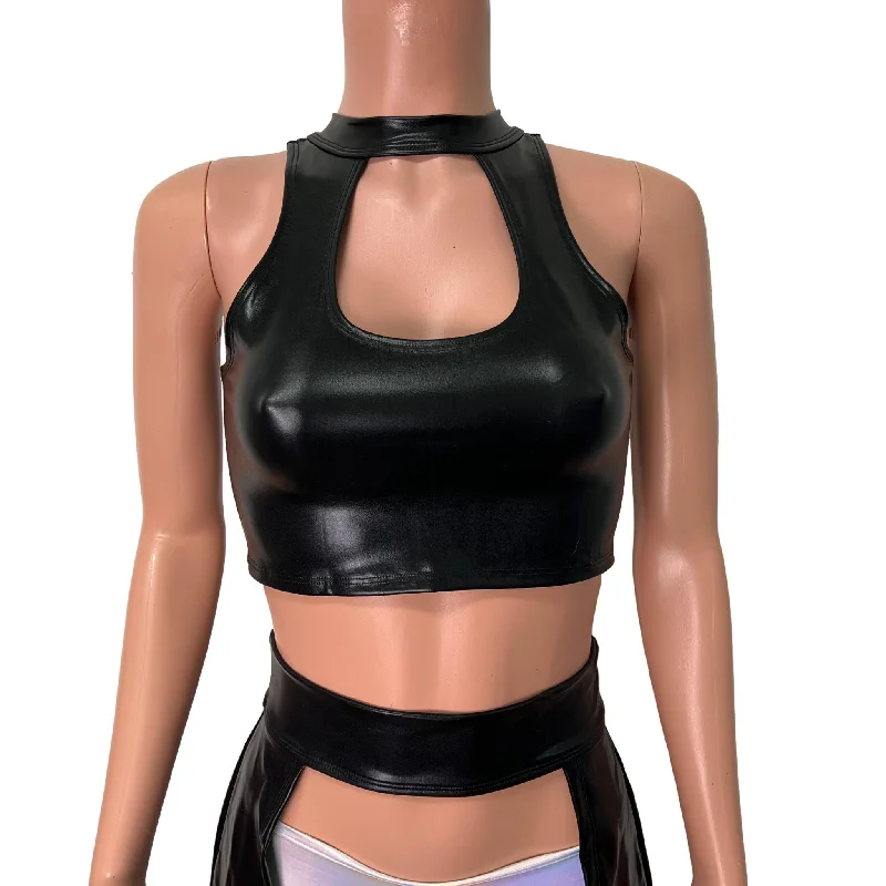 Black Metallic "Wet Look" Faux Leather High Neck Unisex Men/Women Cutout Top Shirt garde Black Metallic "Wet Look" Faux Leather High Neck Unisex Men/Women Cutout Top Shirt garde