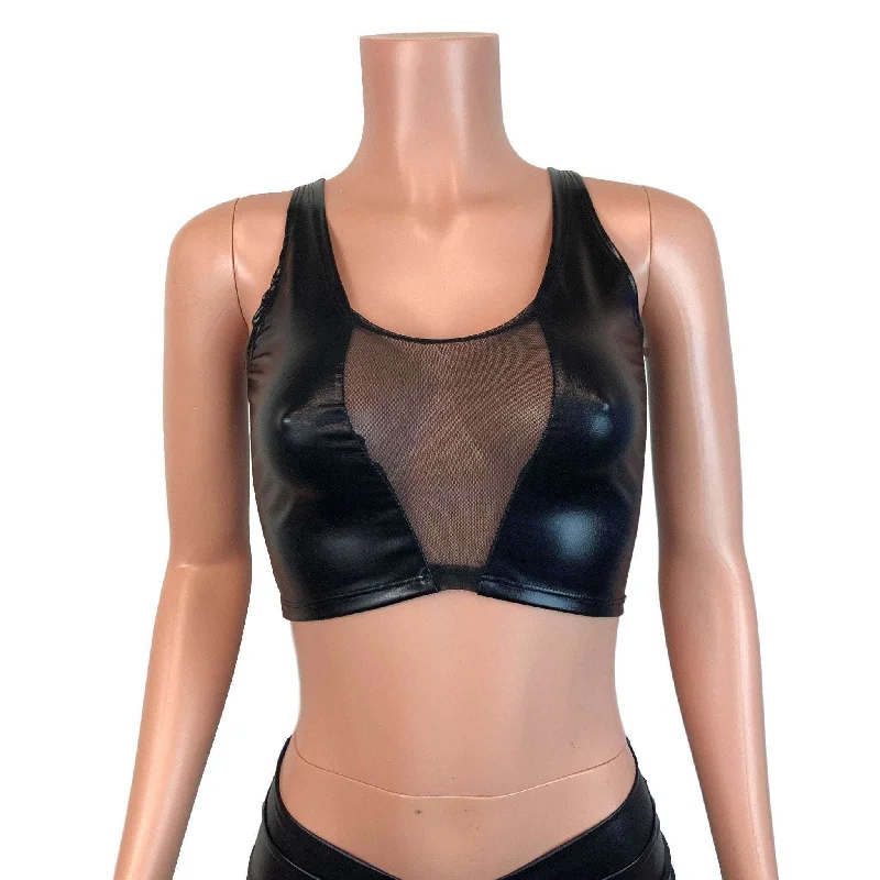 Mesh Inset Crop Tank - Black Metallic "Wet Look" Laid - back Women's Style