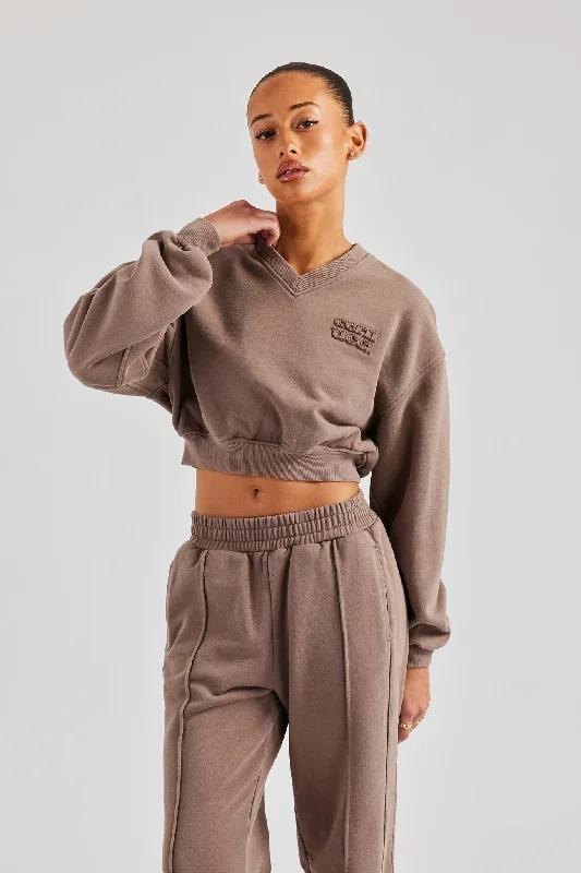 Washed Cropped V Neck Sweat - Mauve Cozy Women's Sherpa - lined