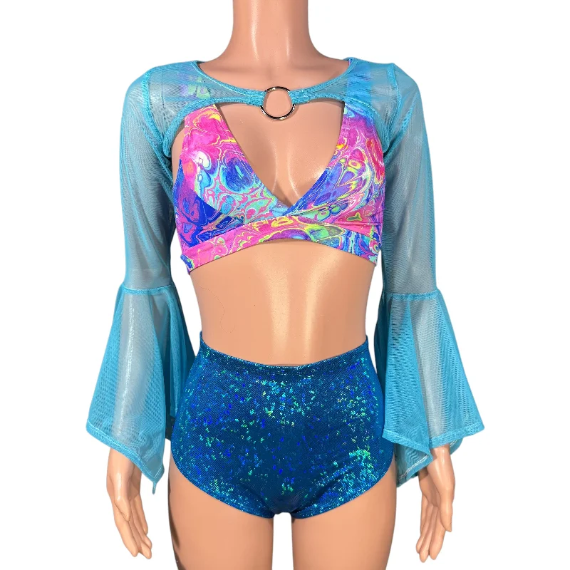 Pixie Bolero Top w/Ring - Blue Mesh Bell Sleeve Fairy Costume Shrug Top Sleek Women's Pixie Bolero Top w/Ring - Blue Mesh Bell Sleeve Fairy Costume Shrug Top Sleek Women's