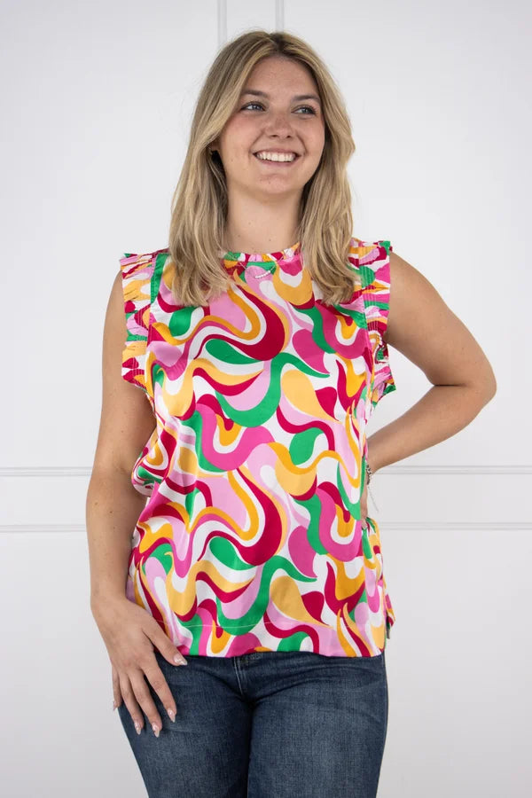 Flowing Colors Women's Modern Geometric Short Sleeve Blouse * Final Sale* Classic Women's Pin - striped