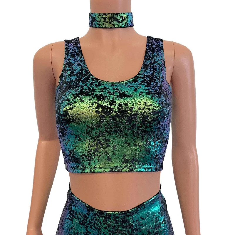 Crop Tank Top - Black/Green Iridescent Gilded Velvet Gym
