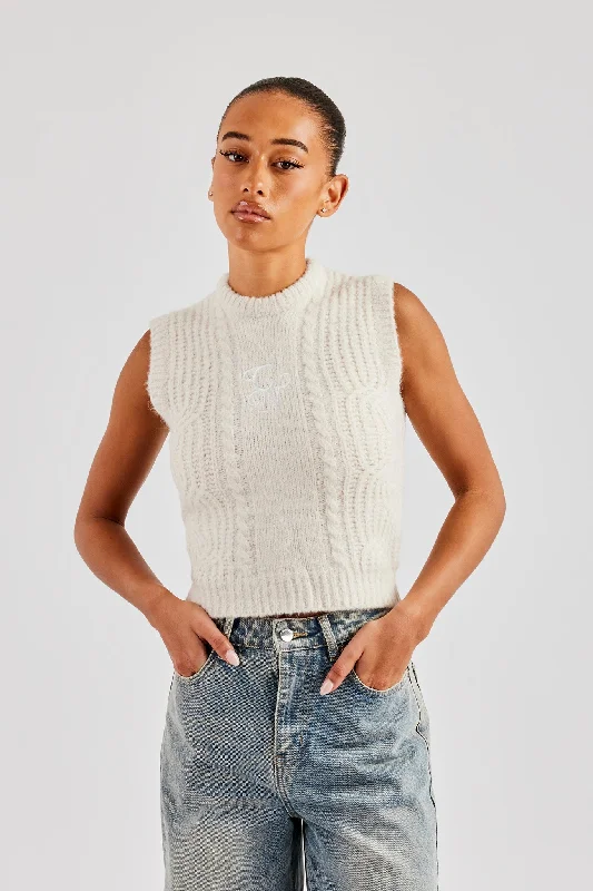 Womens Cable Knit Vest - Off White Artistic Women's Hand - painted