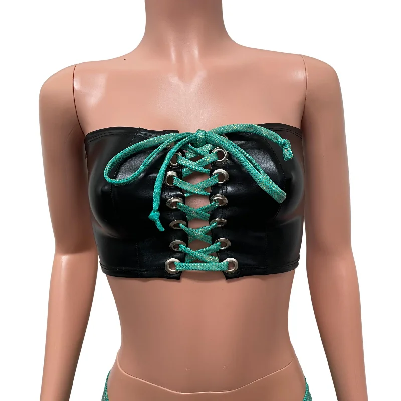 Black Metallic Lace-up Tube Top Bandeau Dapper Women's Bow - adorned