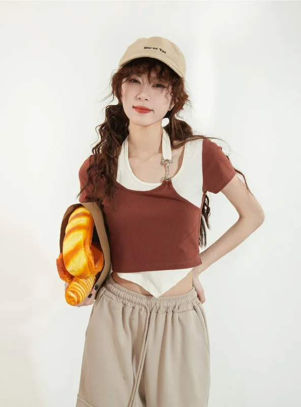 Mock Layered Halter Strap Asymmetric Hem Top Bold Women's Animal Print