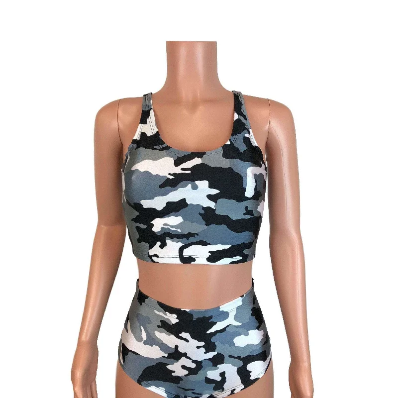 Crop Top Tank - Black & White Camo Polished Women's Silk