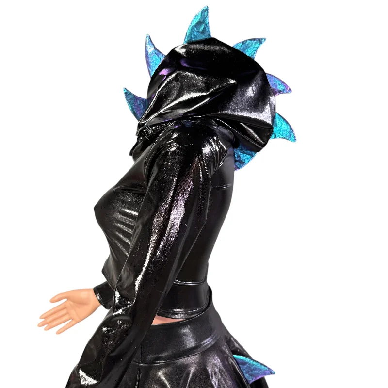 Black Metallic Dragon Spike Hooded Hoodie Crop Top - Choose Sleeve Length Compression