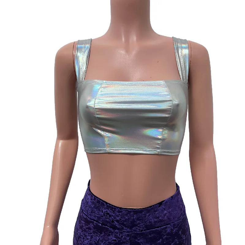 Wide Strap Square Neckline Crop Top - Opal Holographic Elegant Women's Formal 