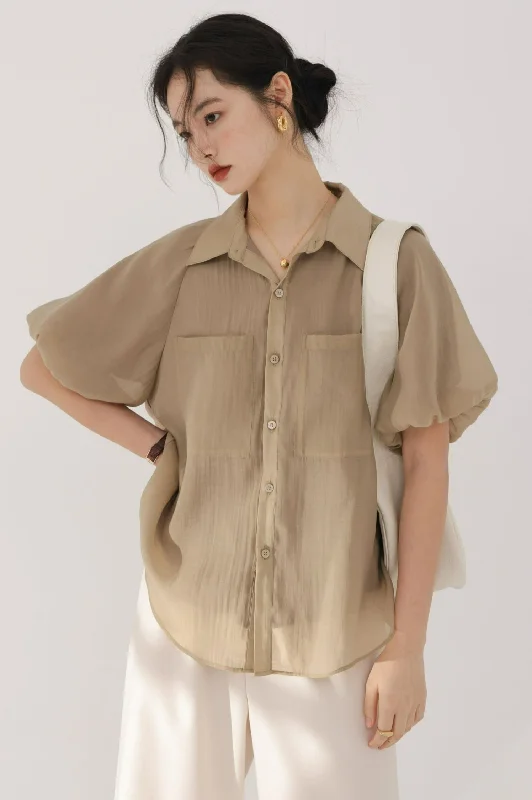 Puff Sleeve Button Top Relaxed Women's Beachy