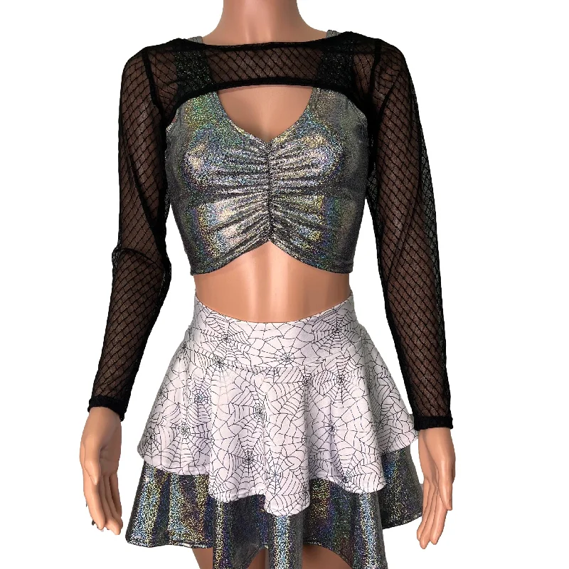 Long Sleeve Bolero Top - Vixen Mesh Fishnet Dapper Women's Bow - adorned