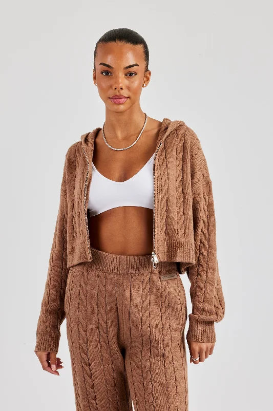 Cable Knit Cropped Knitted Hoodie - Tan Hip Women's Urban