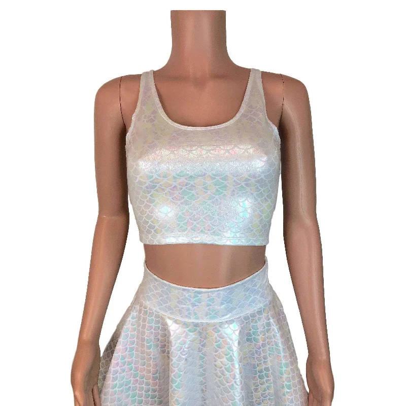 Crop Tank Top - White Iridescent Mermaid Scales Bohemian Women's Free
