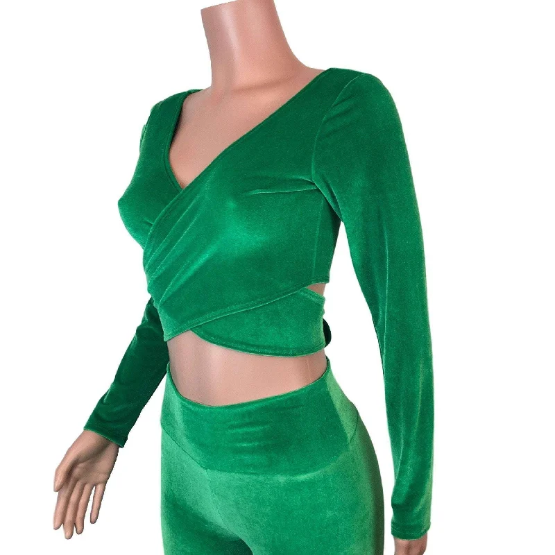 Long Sleeve Crop Wrap Top - Kelly Green Velvet Modern Women's Tech