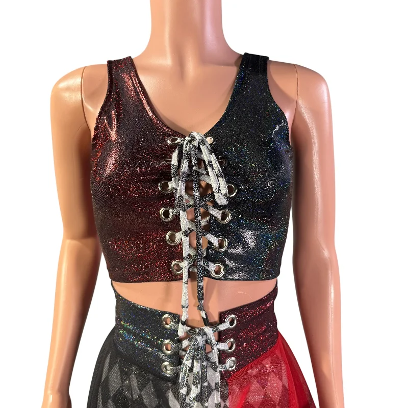 Lace-Up Crop Top - Red & Black Sparkle Queen of Hearts Harlequin Costume Practical Women's Multi - 