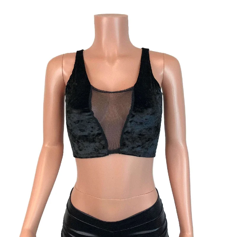 Mesh Inset Crop Tank Top - Black Crushed Velvet Streetwear Style for 