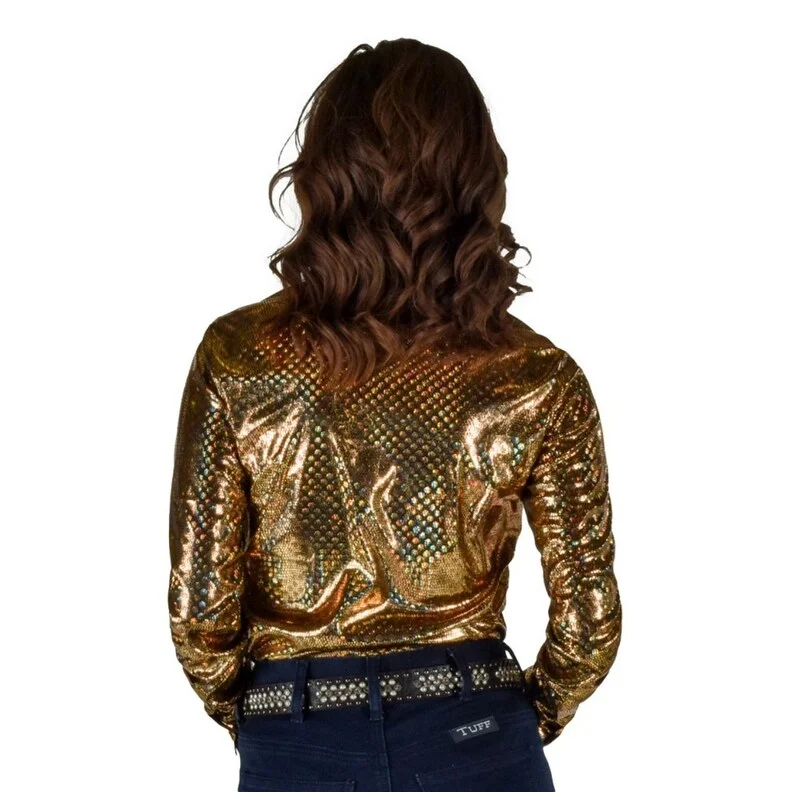 Cowgirl Tuff Western Shirt Womens L/S Foil Breathe Gold 100834 Vintage Women's 1970S Cowgirl Tuff Western Shirt Womens L/S Foil Breathe Gold 100834 Vintage Women's 1970S